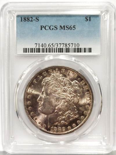 博洋堂世界钱币拍卖第162期（全场包邮） - PCGS MS65 美国1882年S版摩根银币。正面紫罗兰五彩包浆视觉效果极佳