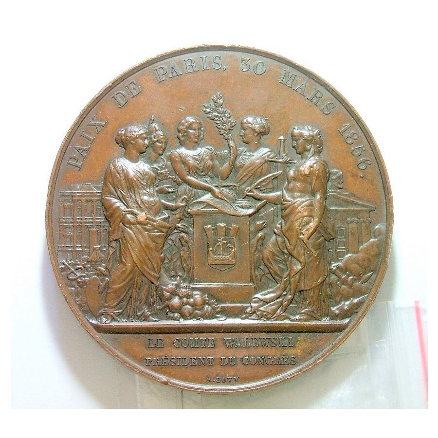 【旋风钱币】2月28日19:00准时开拍 精美欧洲币章、银币银章、第三帝国钱币等 全场包邮！ 【艺术】法国艺术大章1856年 拿破仑三世+众多和平女神 克里米亚战争签署停战协定 高浮雕精制超大铜章 76MM 196克