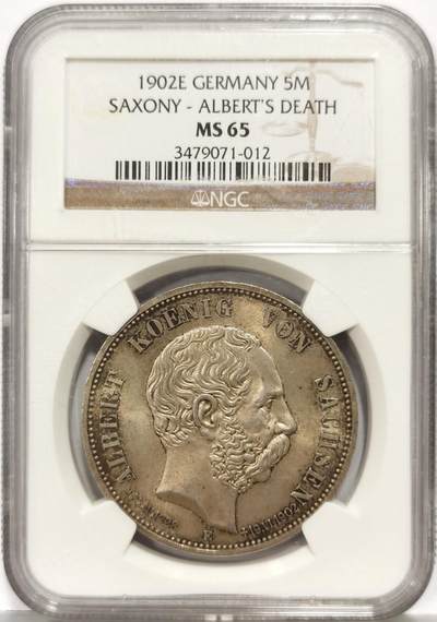 博洋堂世界钱币拍卖第162期（全场包邮） - NGC MS65 德国萨克森1902年阿尔伯特逝世5马克银币，高分带彩一步到位