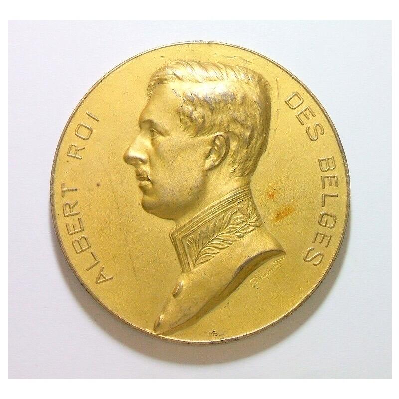 【旋风钱币】2月28日19:00准时开拍 精美欧洲币章、银币银章、第三帝国钱币等 全场包邮！ 【艺术】比利时艺术大章1910年 阿尔贝一世+女神天使高浮雕精制超大镀金章 60MM