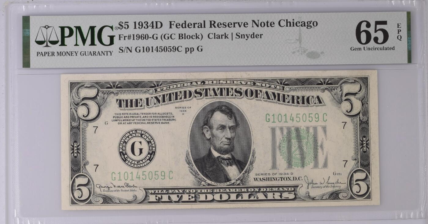 【礼羽收藏】🌏世界钱币拍卖126期  【稀少D版 末版】1934D年 5美元 PMG65E