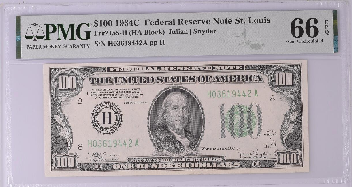 【礼羽收藏】🌏世界钱币拍卖126期 【稀少圣路易斯分区H首发A冠 仅有三张更高分】1934C年 100美 PMG66E