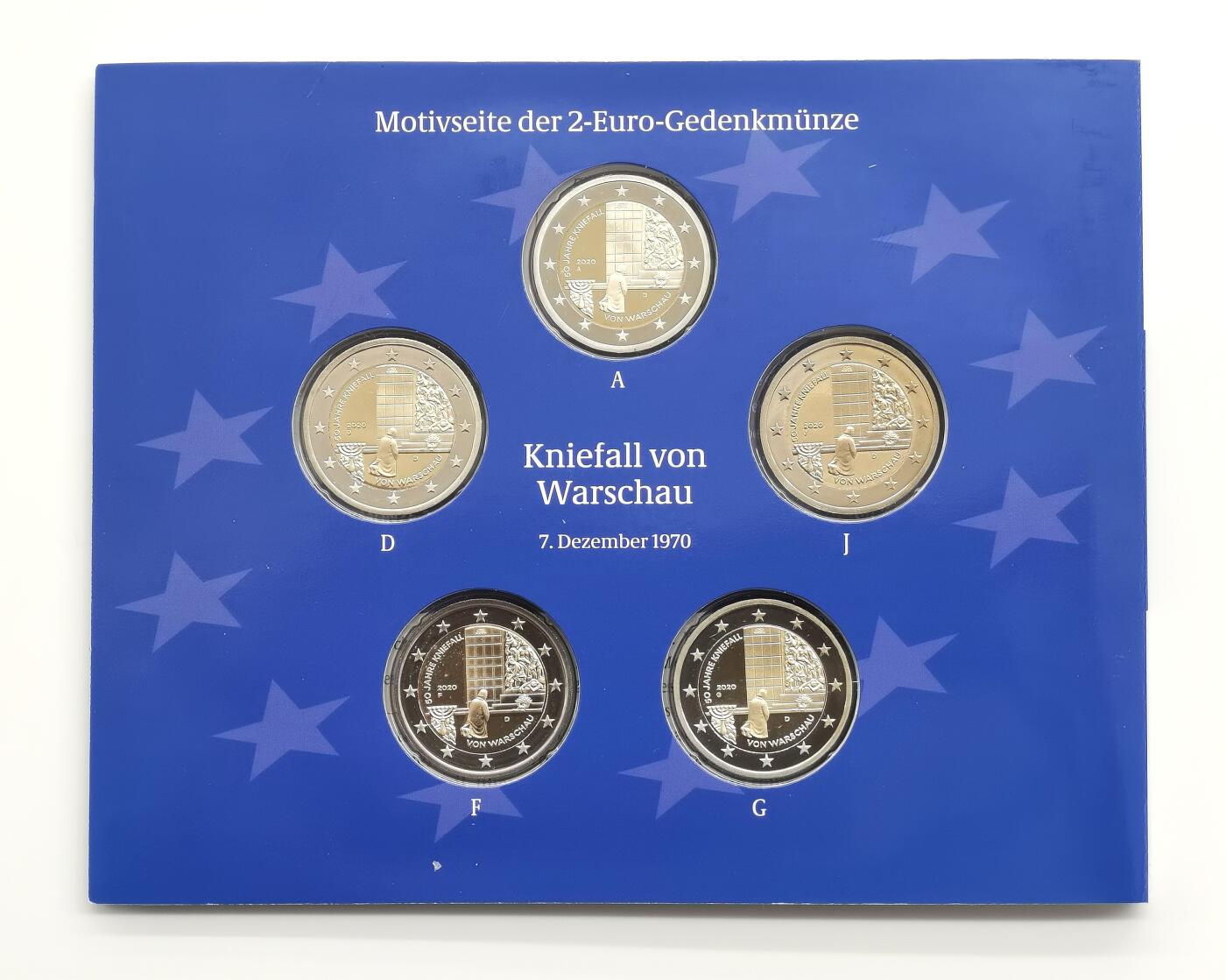 博洋堂世界钱币拍卖第162期（全场包邮） 德国2020年2欧X5精制纪念币套 华沙之跪50年 5个造币厂