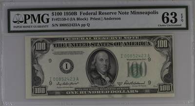 【礼羽收藏】🌏世界钱币拍卖126期 - 【稀少分区I 明尼阿波利斯 首发A冠】1950B年 100美 PMG63E 老壳
