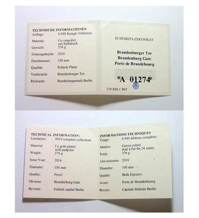 【艺术】法国艺术大章 勃兰登堡门+柏林各大地标建筑 高浮雕精制彩色巨型大镀金章 带证书 100MM 376克 【艺术】法国艺术大章 勃兰登堡门+柏林各大地标建筑 高浮雕精制彩色巨型大镀金章 带证书 100MM 376克