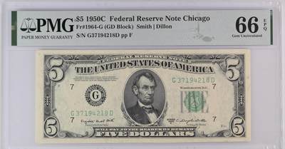 【礼羽收藏】🌏世界钱币拍卖126期 -  【仅有5张更高分数】1950C年 5美元 PMG66E