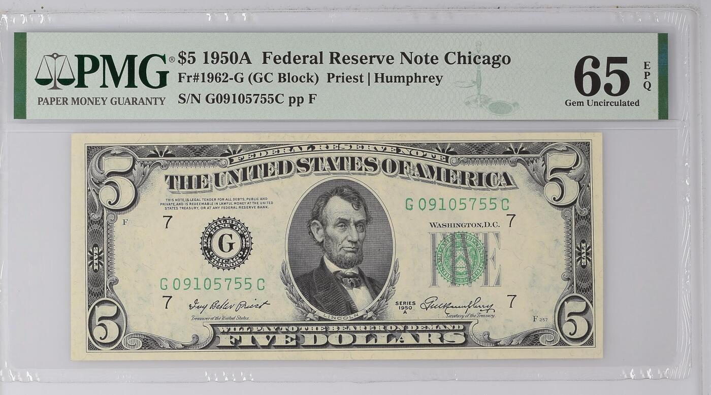 【礼羽收藏】🌏世界钱币拍卖126期 【号码无4】1950A年 5美元 PMG65E