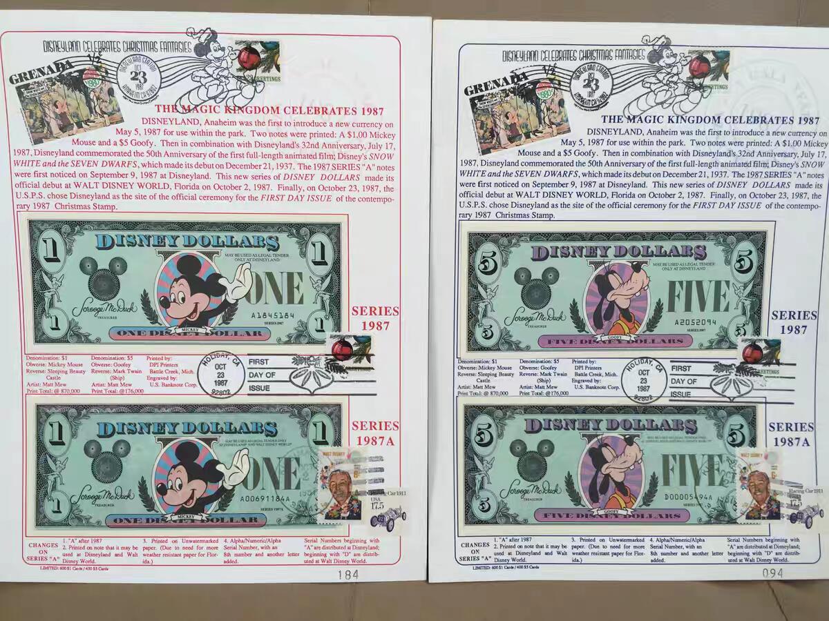 2月27号晚上8点 外国纸币自动截拍第32场 全新UNC套装 迪士尼纪念首日封 1987年首版1元，5元 4枚套