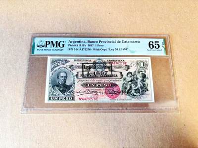 【Blue Auction】世界纸币精拍第788期——18级TOP拍卖/信誉/品质/专业/高效💫 - 【仅4个记录 唯一冠军分罕见】阿根廷 早期 1897年1比索 PMG65EPQ 绝品品相可遇不可求 正面G. Brown将军 3个小天使 背面是可爱的孩童进行艺术创作与科学实验 非常讨喜的一张BWC早期纸币