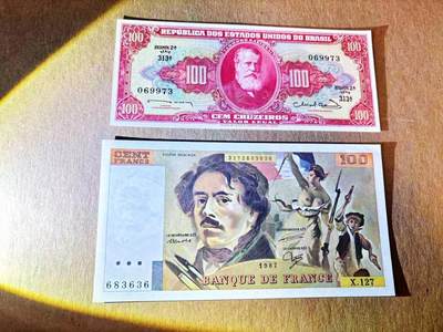 【Blue Auction】世界纸币精拍第788期——18级TOP拍卖/信誉/品质/专业/高效💫 - 【一组2张 含无47】法国 1987年100法郎 自由引导人民 UNC-&巴西 100克鲁塞罗 UNC雕刻精美