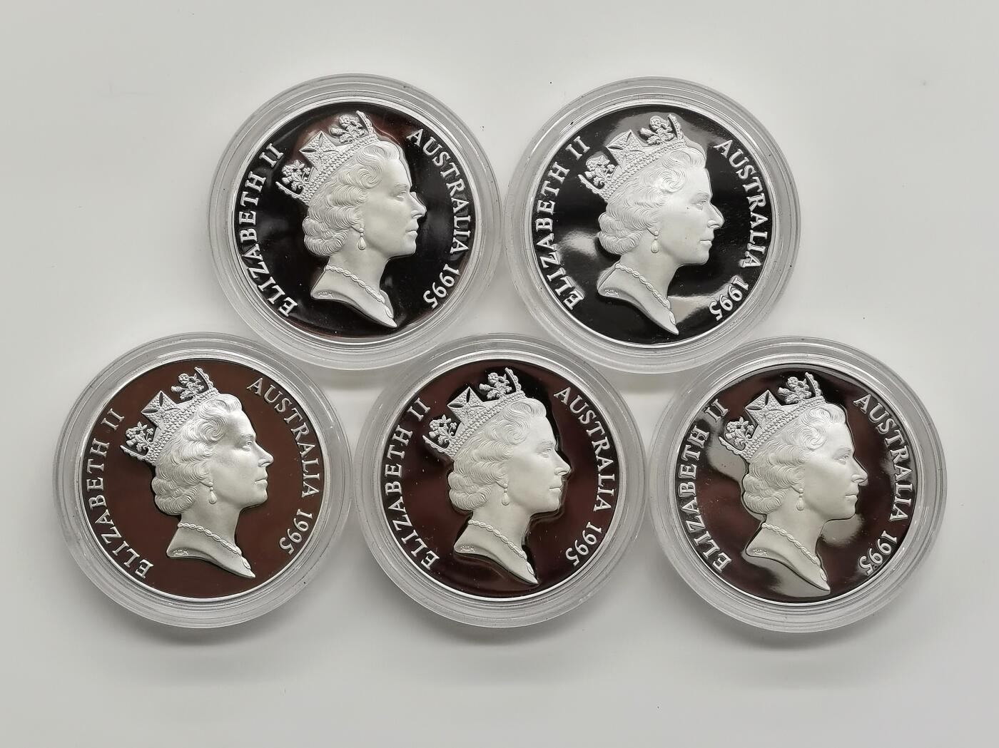 博洋堂世界钱币拍卖第162期（全场包邮） 澳大利亚1995年5澳元X5精制银币套 澳大利亚殖民时期总督 925银35.79克X5 共178.5克 发行量：2万套 盒证全
