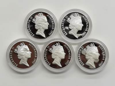博洋堂世界钱币拍卖第162期（全场包邮） 澳大利亚1995年5澳元X5精制银币套 澳大利亚殖民时期总督 925银35.79克X5 共178.5克 发行量：2万套 盒证全