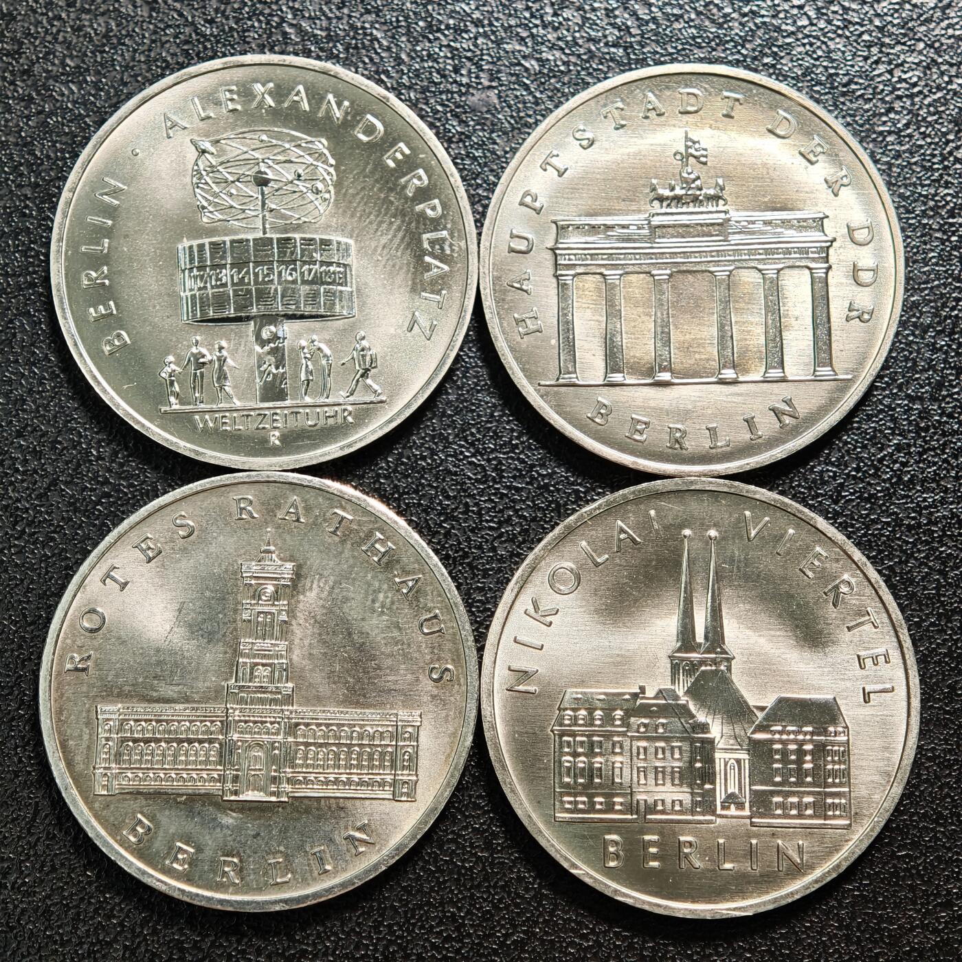 【德藏】世界币章拍卖第167期（拍品征集中~欢迎藏友联系） 4枚一组 1987年 东德世界时钟5马克纪念镍币 及 1987年 东德柏林750周年5马克纪念镍币3枚
