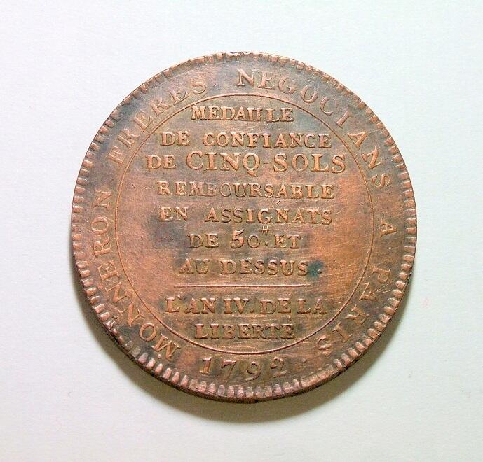 【旋风钱币】2月28日19:00准时开拍 精美欧洲币章、银币银章、第三帝国钱币等 全场包邮！ 法国1792年 大革命莫奈龙5索尔高浮雕大铜币章 难得品相 40MM