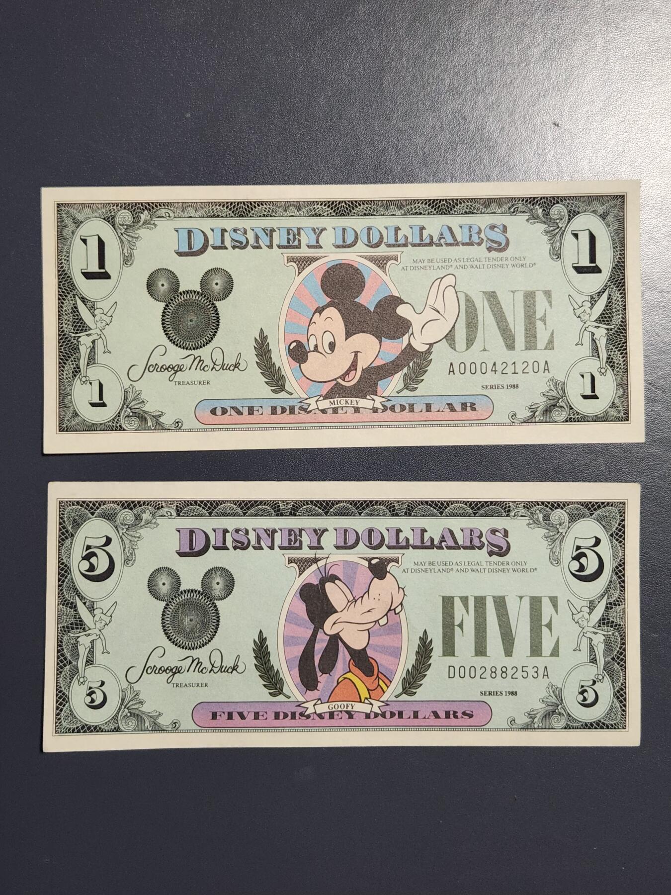 2月26号晚上8点 外国纸币自动截拍第31场 1988年 迪士尼1～5元纪念钞 第二版 极美品一套