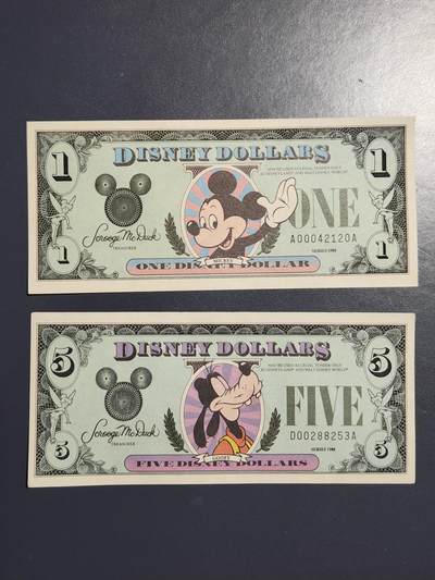 2月26号晚上8点 外国纸币自动截拍第31场 - 1988年 迪士尼1～5元纪念钞 第二版 极美品一套