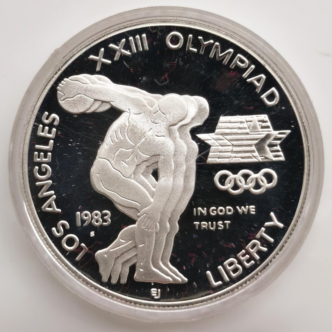 博洋堂世界钱币拍卖第162期（全场包邮） 美国1983年1美元精制银币 洛杉矶奥运会-铁饼 26.73克900银 盒证全（金银套盒）