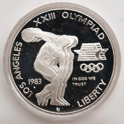 博洋堂世界钱币拍卖第162期（全场包邮） 美国1983年1美元精制银币 洛杉矶奥运会-铁饼 26.73克900银 盒证全（金银套盒）