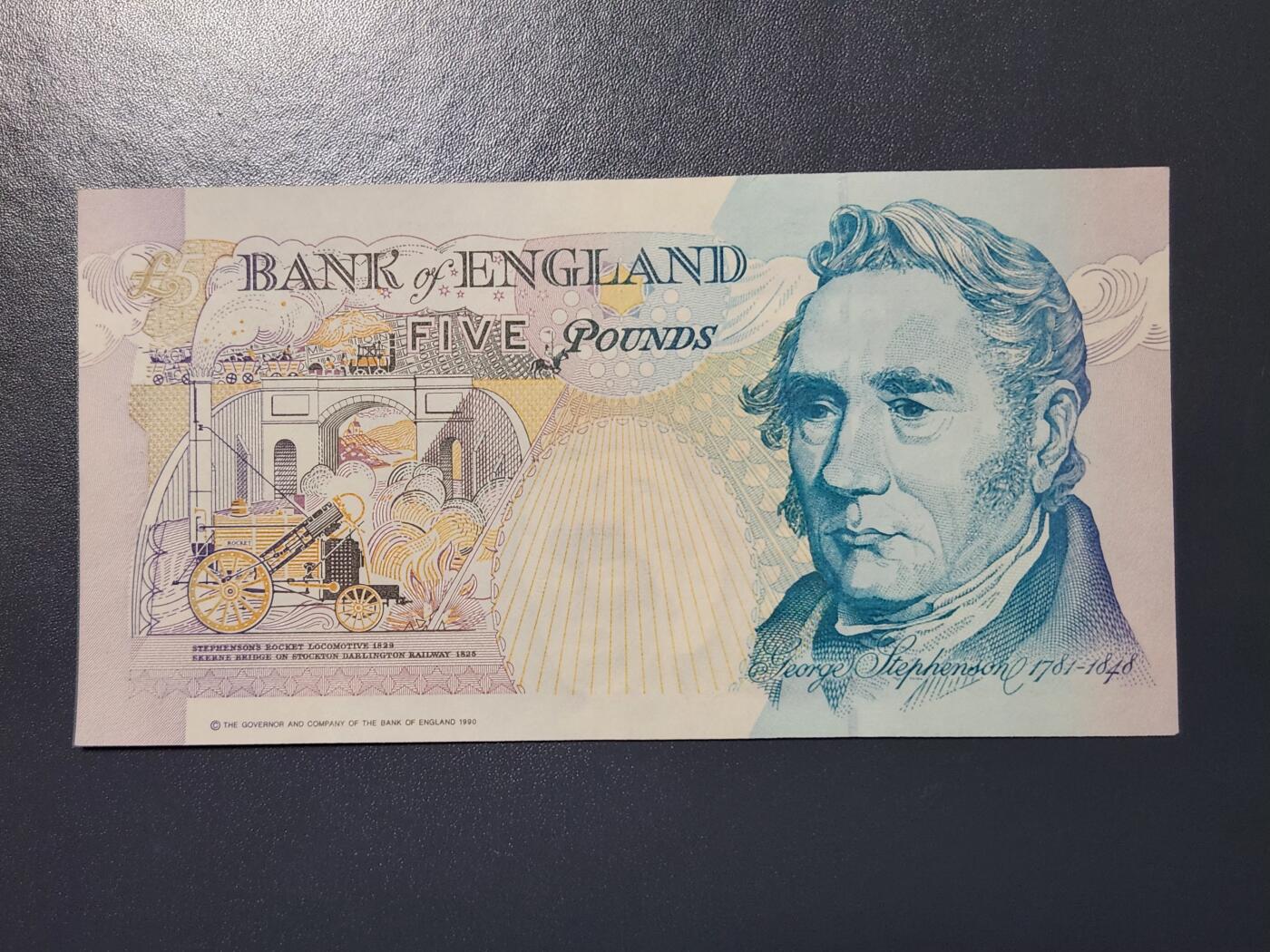 2月26号晚上8点 外国纸币自动截拍第31场 英国 纸币 1990版 5镑 E序列 首发年 A13版 G.M. Gill 斯蒂芬森