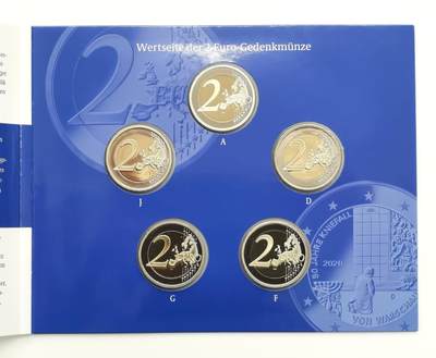 博洋堂世界钱币拍卖第162期（全场包邮） 德国2020年2欧X5精制纪念币套 华沙之跪50年 5个造币厂