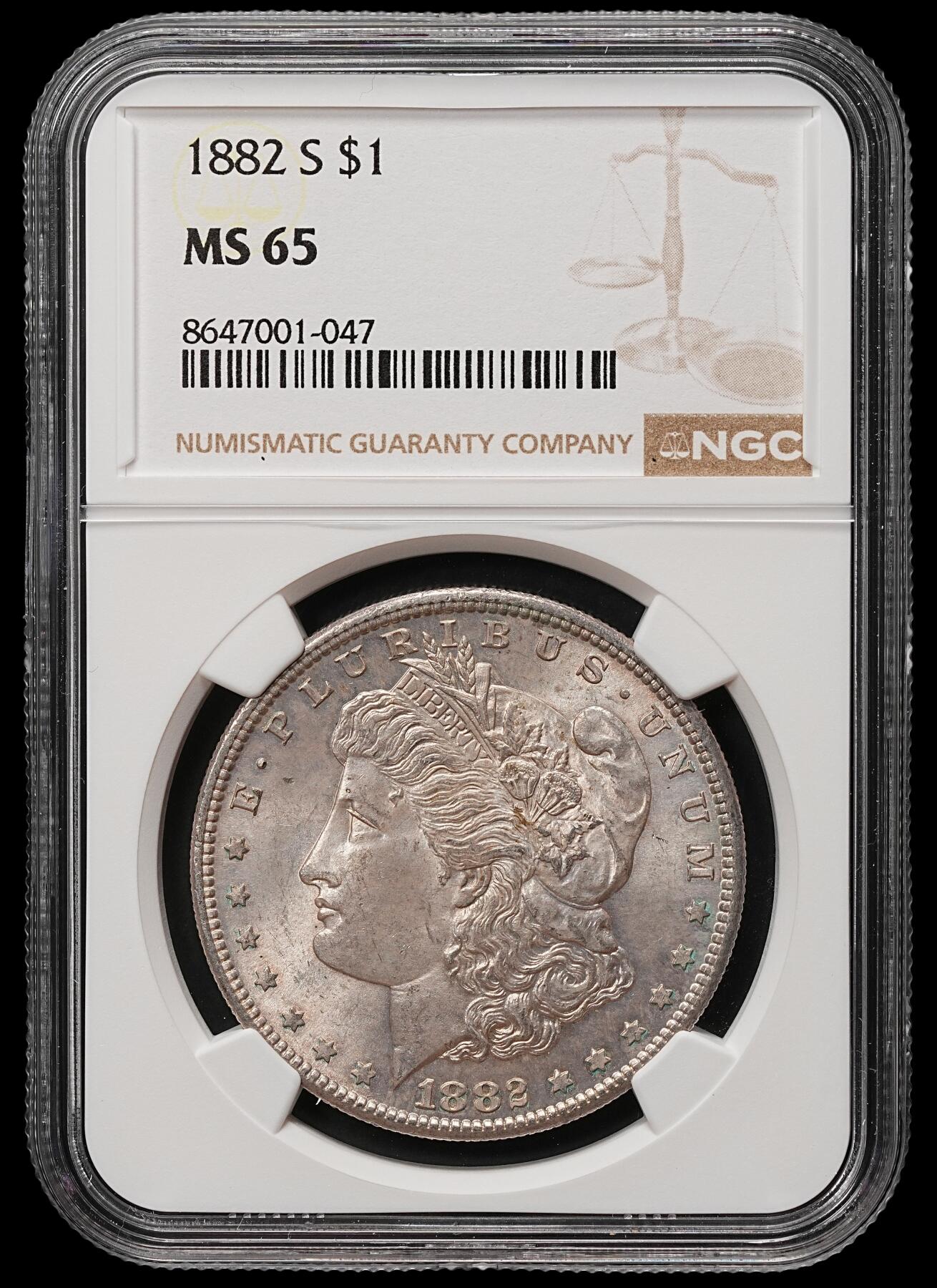 修遠堂世界钱币第106期，请看参拍说明 NGC MS65 1882年美国摩根大银币 S厂铭，NGC指导价230美金