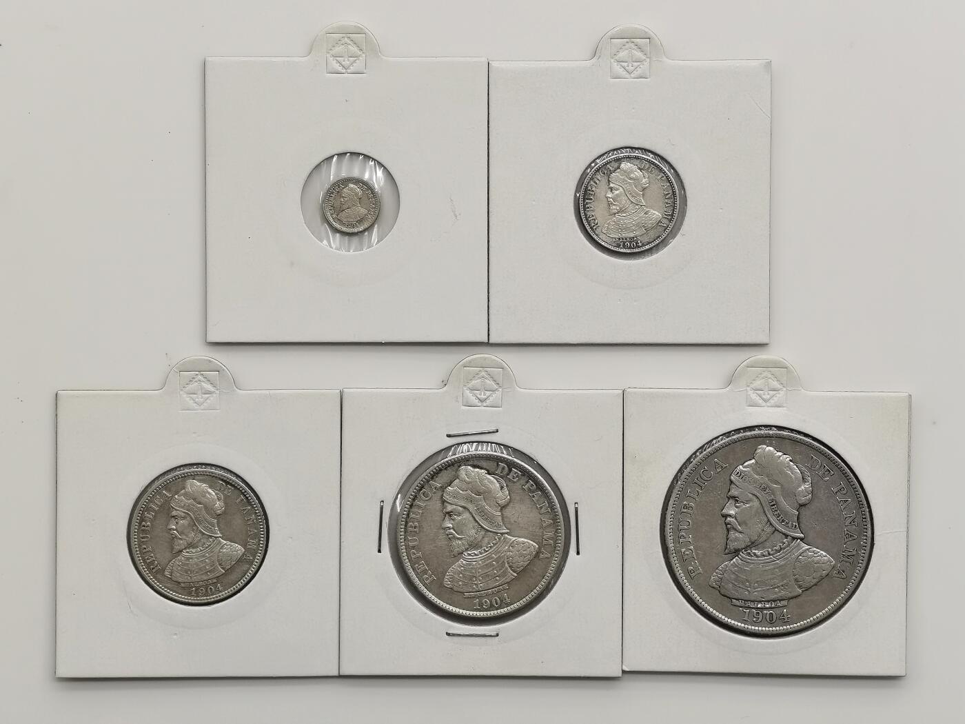 博洋堂世界钱币拍卖第162期（全场包邮） 巴拿马1904年2.5分珍珠币-50分大银币5枚大全套