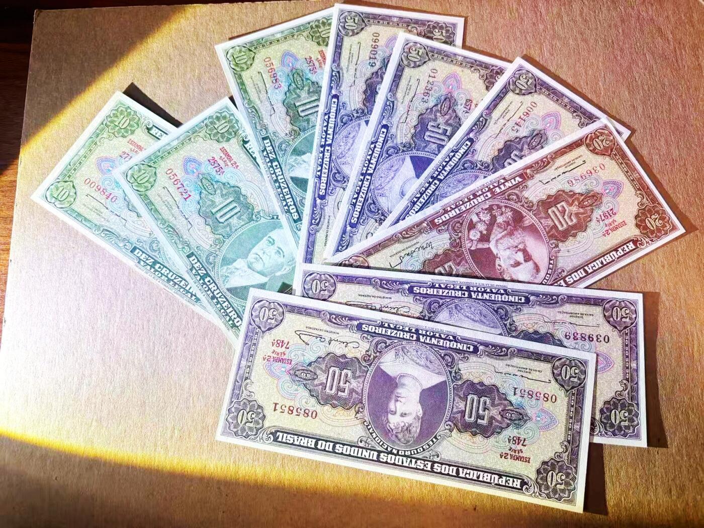 【Blue Auction】世界纸币精拍第788期——18级TOP拍卖/信誉/品质/专业/高效💫 【一组9张 含倒置号】巴西 10-50克鲁塞罗 ABNC出品 UNC/UNC-