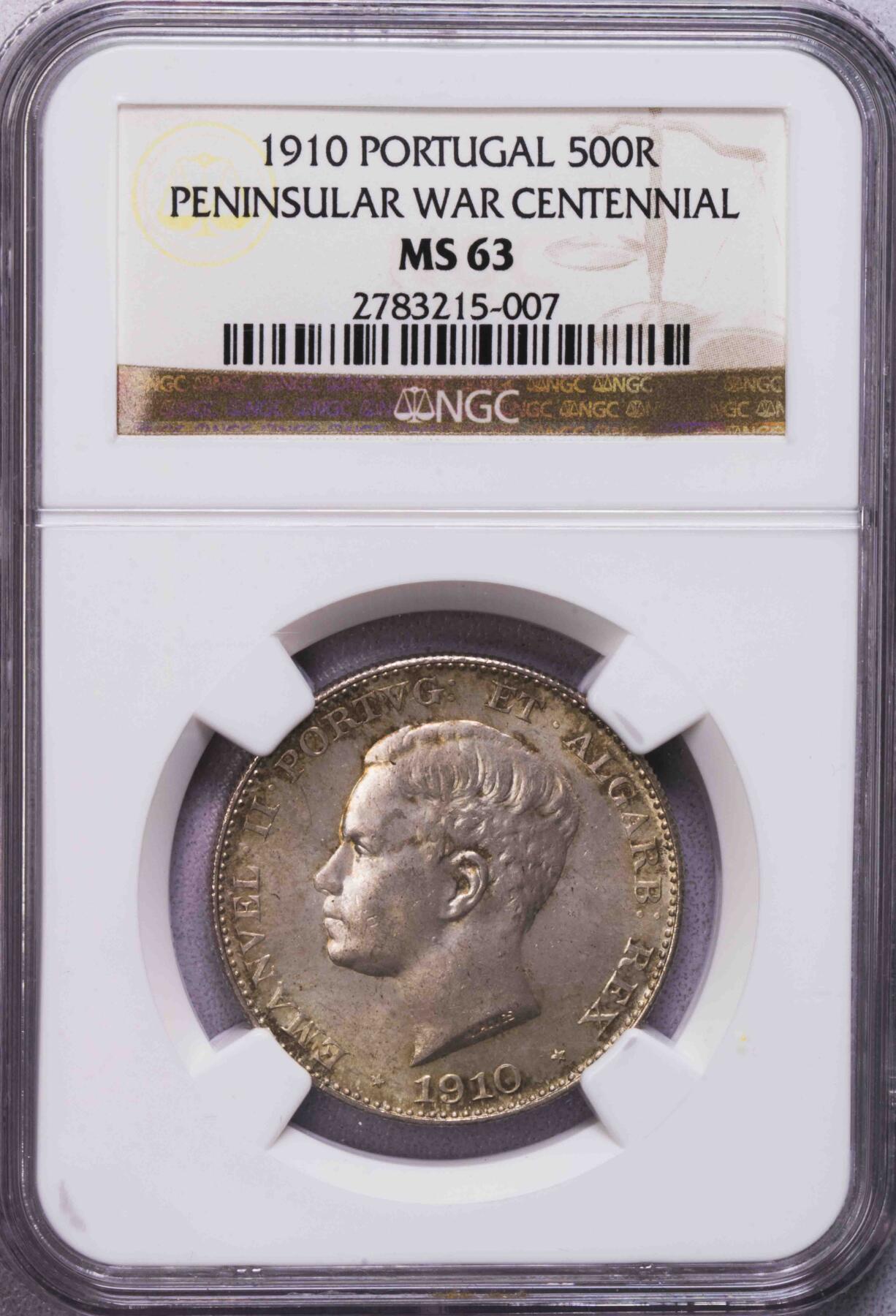 NGC-MS63 1910葡萄牙半岛战争500瑞斯银币 少见品种