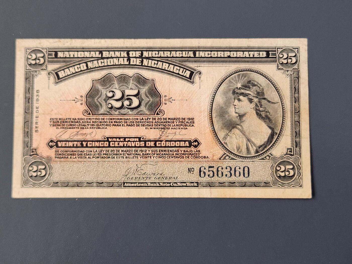 2月27号晚上8点 外国纸币自动截拍第32场 尼加拉瓜1938年25分 极少 美品