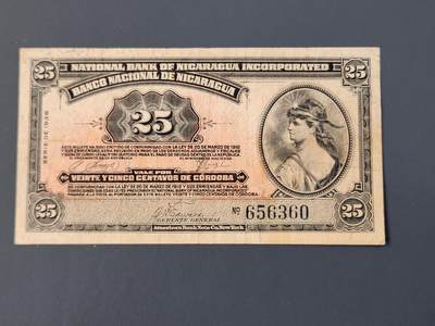 2月27号晚上8点 外国纸币自动截拍第32场 - 尼加拉瓜1938年25分 极少 美品