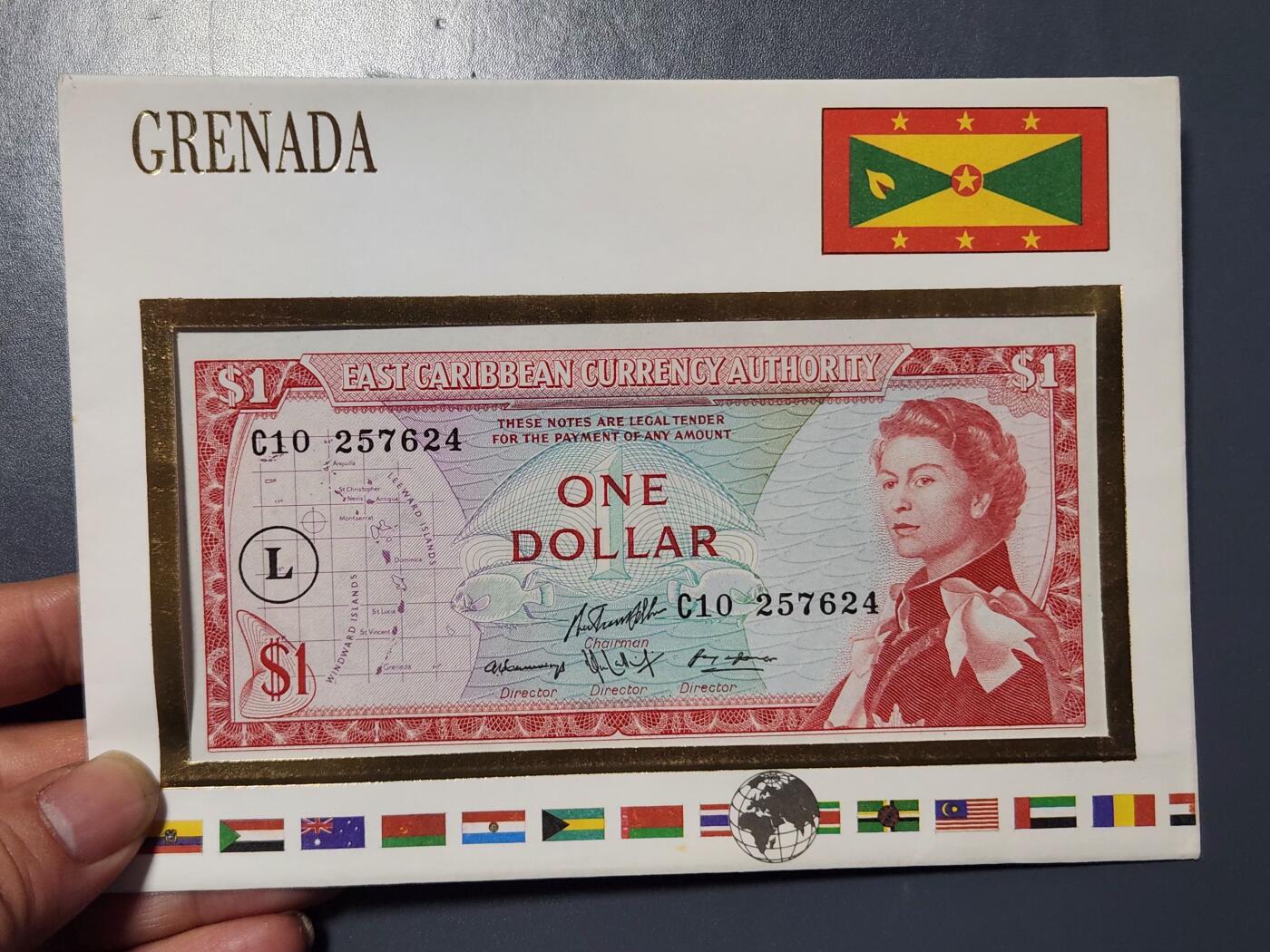 2月27号晚上8点 外国纸币自动截拍第32场 【全新稀少圣卢西亚L版】东加勒比1元 1965年 精装UNC