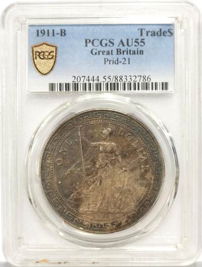 博洋堂世界钱币拍卖第162期（全场包邮） - PCGS AU55 英属贸易银币1911年B版站洋壹圆，双面黑金酱彩