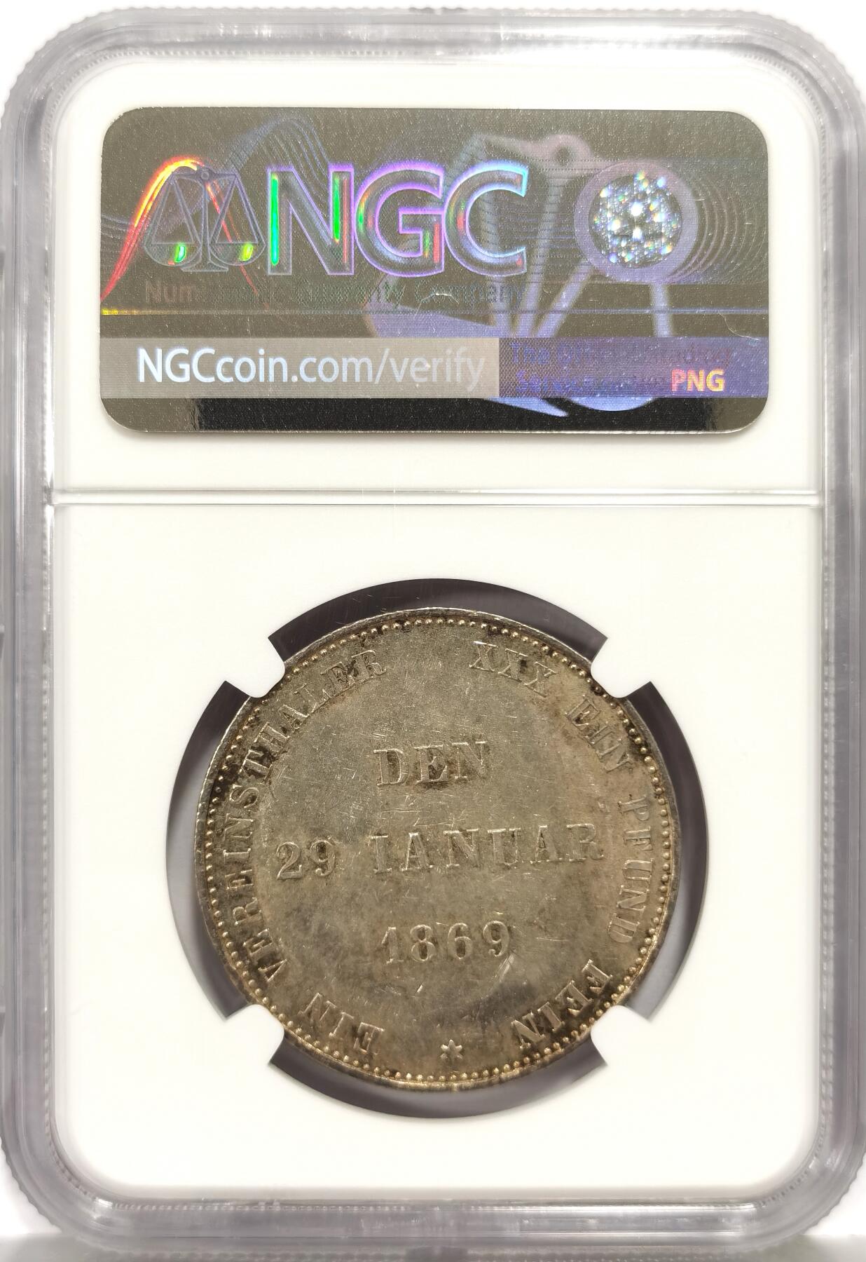 博洋堂世界钱币拍卖第162期（全场包邮） NGC MS60 德国萨克森-科堡-哥查1869年纪念1泰勒银币 极罕见小邦品种，UNC没分此前都拍到2500了，有分极为难得。此枚有很不错的类镜面效果，目测接近精制状态，重评或许有惊喜。细节极佳，60分也是一个非常罕见的分数，趣味十足。