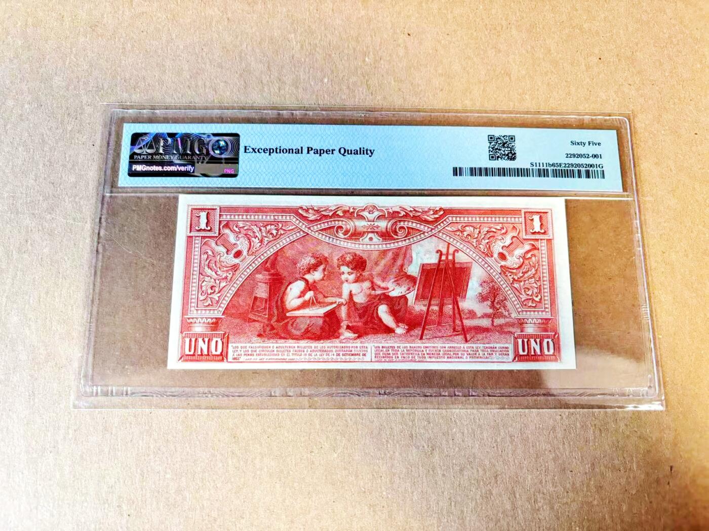 【Blue Auction】世界纸币精拍第788期——18级TOP拍卖/信誉/品质/专业/高效💫 【仅4个记录 唯一冠军分罕见】阿根廷 早期 1897年1比索 PMG65EPQ 绝品品相可遇不可求 正面G. Brown将军 3个小天使 背面是可爱的孩童进行艺术创作与科学实验 非常讨喜的一张BWC早期纸币