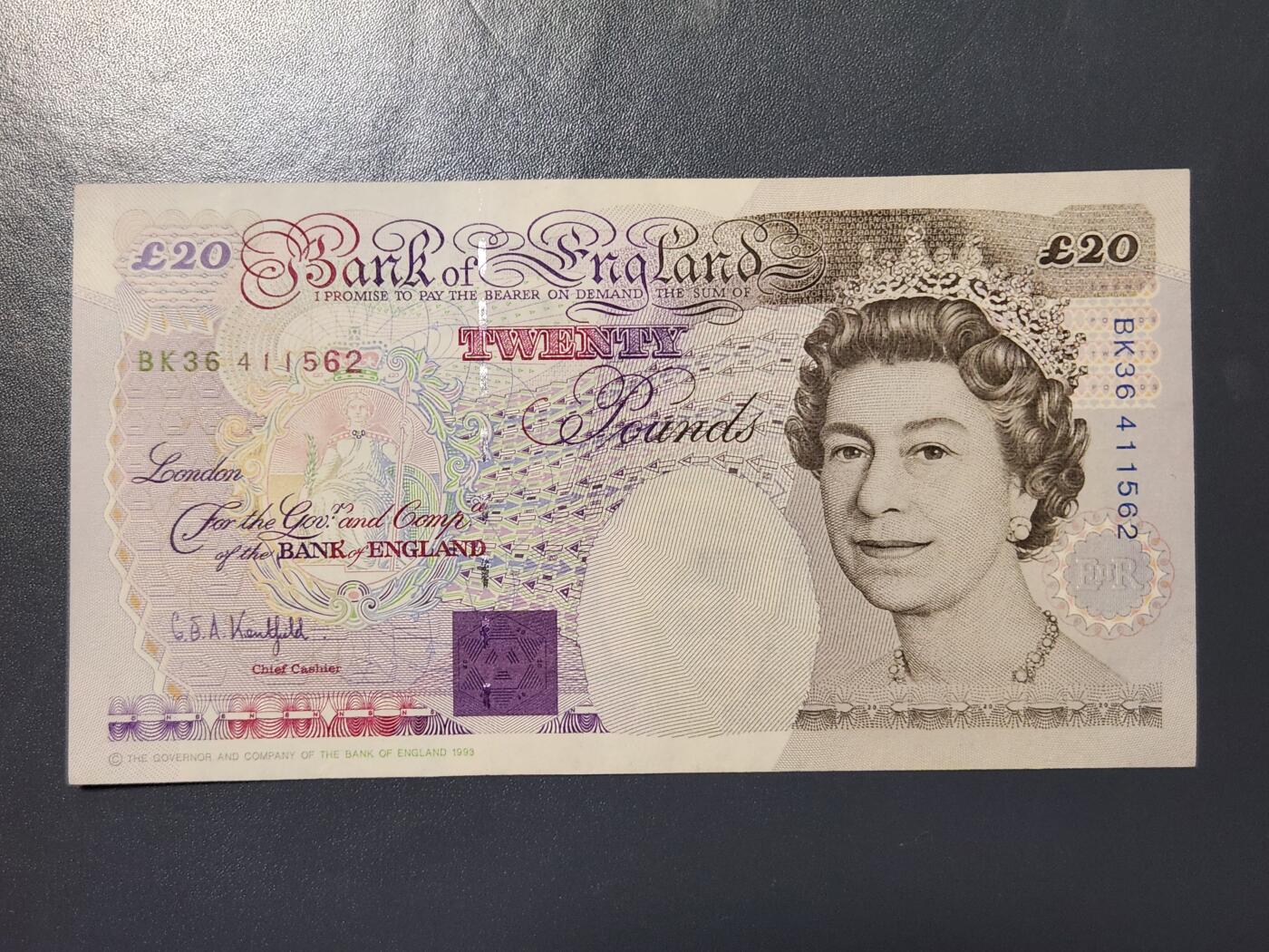 2月26号晚上8点 外国纸币自动截拍第31场  1993年 英国 E序列20磅纸币  数字版e20 近新