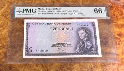 得物收藏 Chase Auction 第36期 - - 外钞、银元、民国钞和人民币混合场！（更新中） - 1967年马耳他5镑，PMG66！