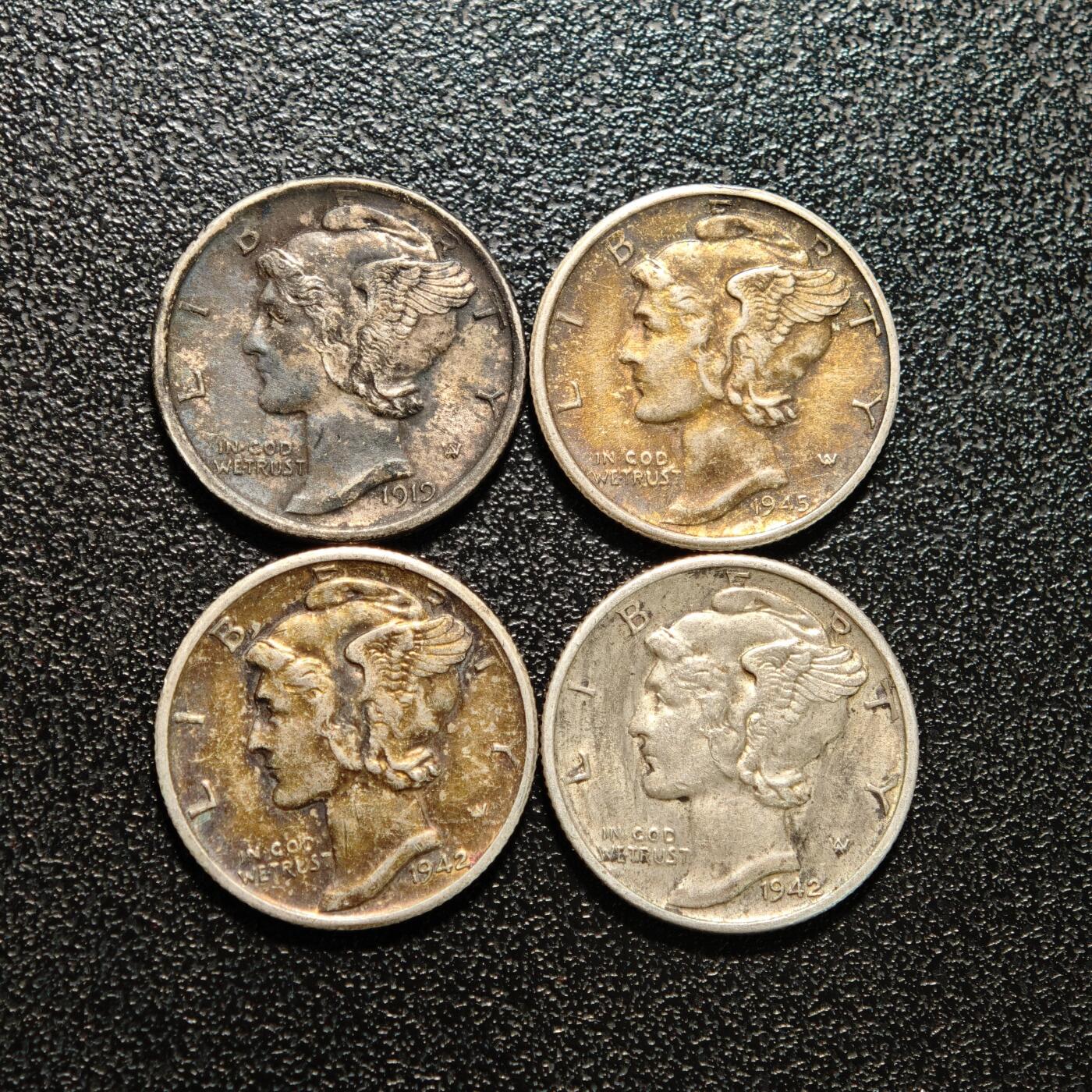 【德藏】世界币章拍卖第167期（拍品征集中~欢迎藏友联系） 4枚一组 1919、42、45年 美国10分银币 本组总重约：10g