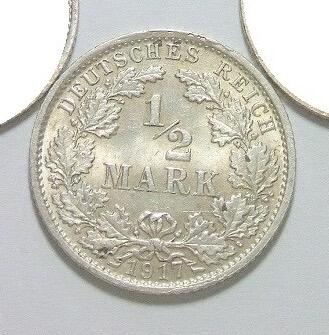 【旋风钱币】2月28日19:00准时开拍 精美欧洲币章、银币银章、第三帝国钱币等 全场包邮！ 【银】可评级 德国一战1917年G版1/2马克银币 开卷原光