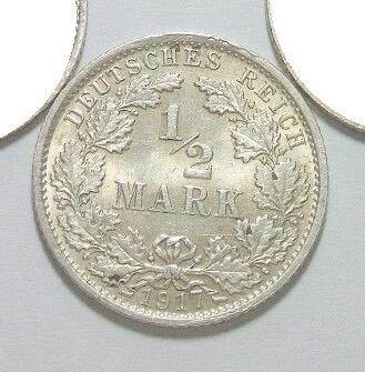 【旋风钱币】2月28日19:00准时开拍 精美欧洲币章、银币银章、第三帝国钱币等 全场包邮！ - 【银】可评级 德国一战1917年G版1/2马克银币 开卷原光