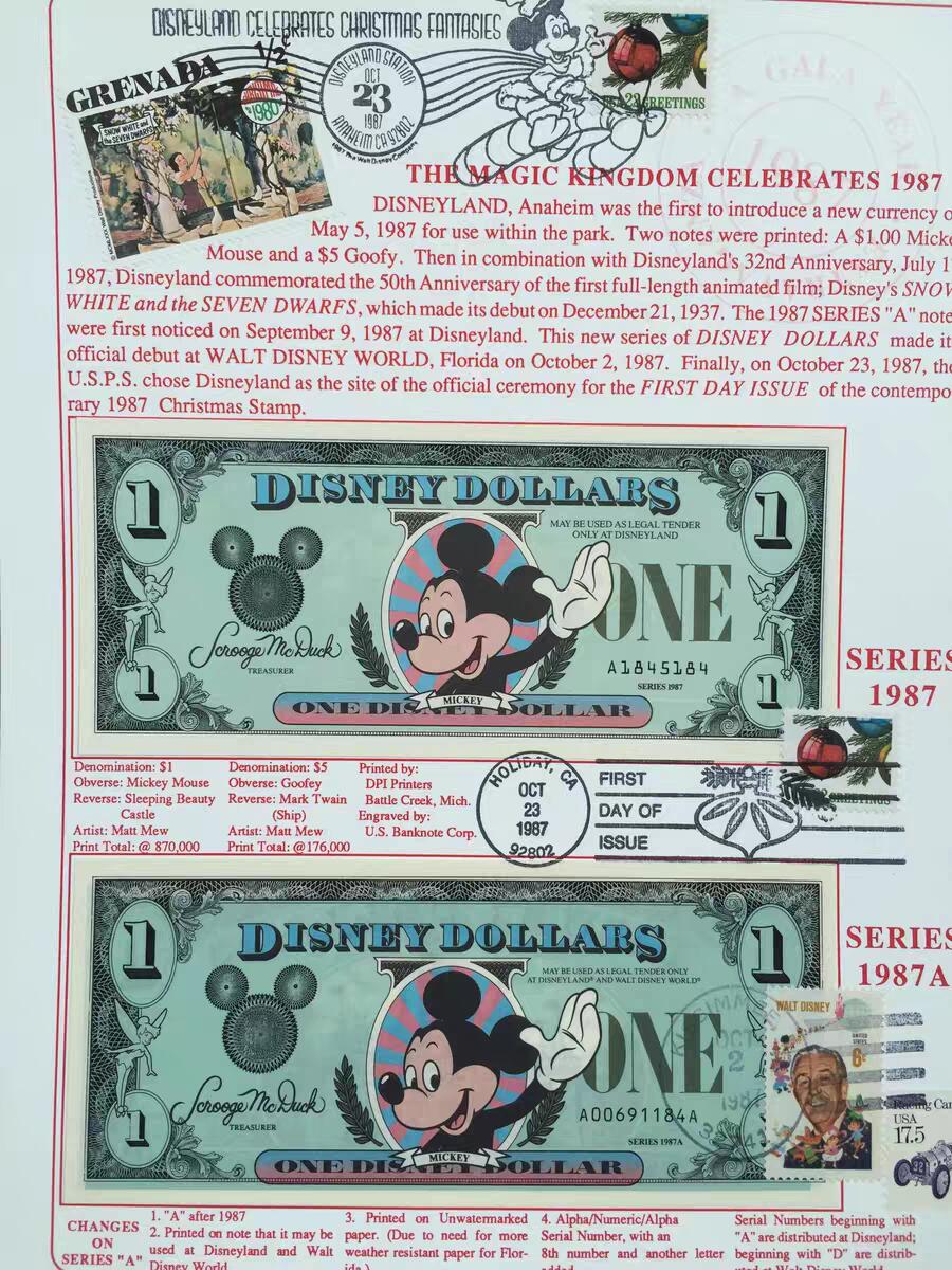 2月27号晚上8点 外国纸币自动截拍第32场 全新UNC套装 迪士尼纪念首日封 1987年首版1元，5元 4枚套