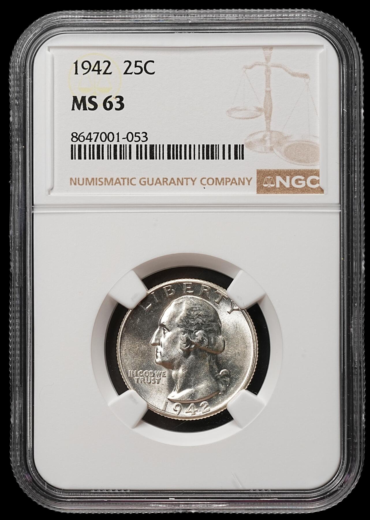 修遠堂世界钱币第106期，请看参拍说明 NGC MS63 1942年美国25美分银币