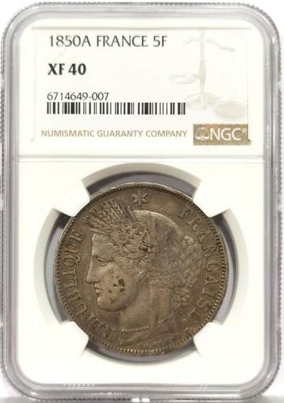 博洋堂世界钱币拍卖第162期（全场包邮） - NGC XF40 法国1850年谷物女神5法郎银币
