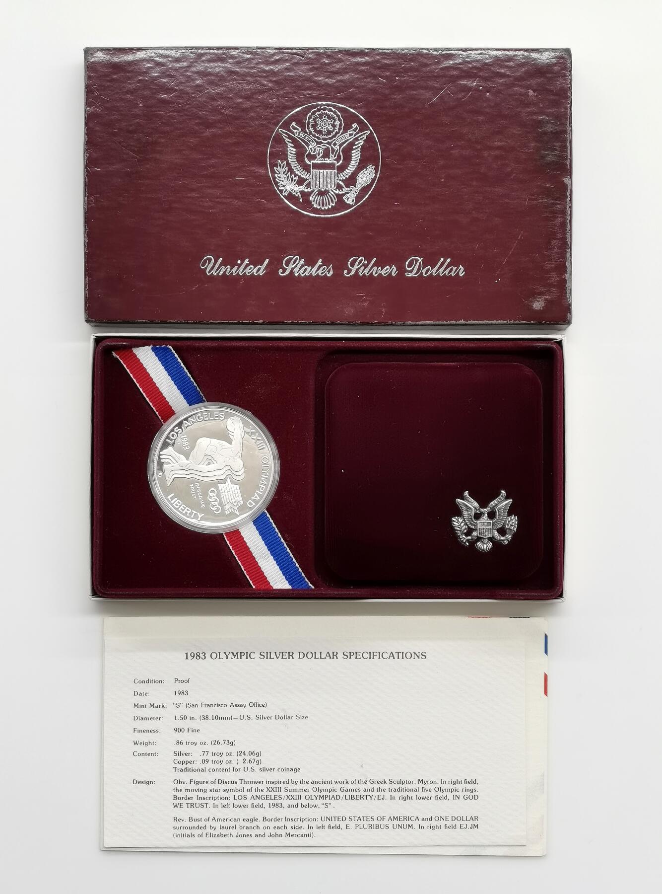 博洋堂世界钱币拍卖第162期（全场包邮） 美国1983年1美元精制银币 洛杉矶奥运会-铁饼 26.73克900银 盒证全（金银套盒）