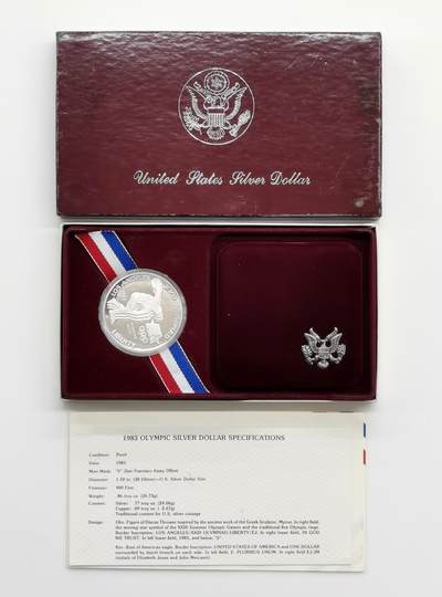 博洋堂世界钱币拍卖第162期（全场包邮） - 美国1983年1美元精制银币 洛杉矶奥运会-铁饼 26.73克900银 盒证全（金银套盒）
