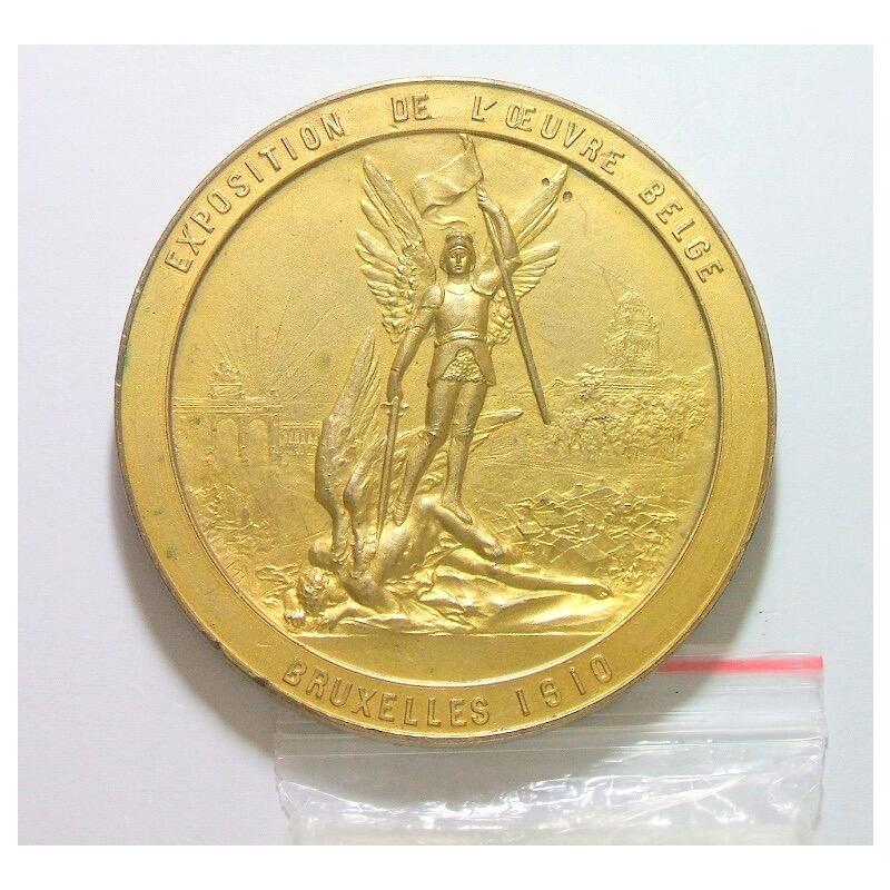 【旋风钱币】2月28日19:00准时开拍 精美欧洲币章、银币银章、第三帝国钱币等 全场包邮！ 【艺术】比利时艺术大章1910年 阿尔贝一世+女神天使高浮雕精制超大镀金章 60MM