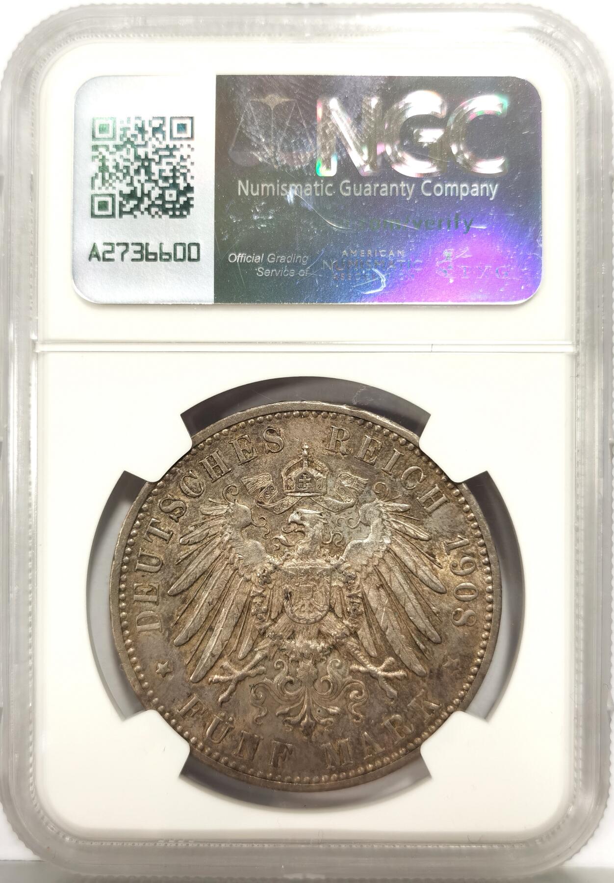 博洋堂世界钱币拍卖第162期（全场包邮） NGC AU58 德国符腾堡1908年5马克银币，光度和包浆都很不错，状态拉满的一枚