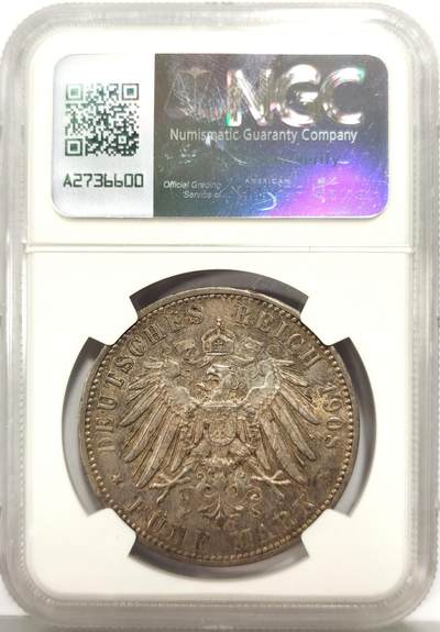 博洋堂世界钱币拍卖第162期（全场包邮） NGC AU58 德国符腾堡1908年5马克银币，光度和包浆都很不错，状态拉满的一枚