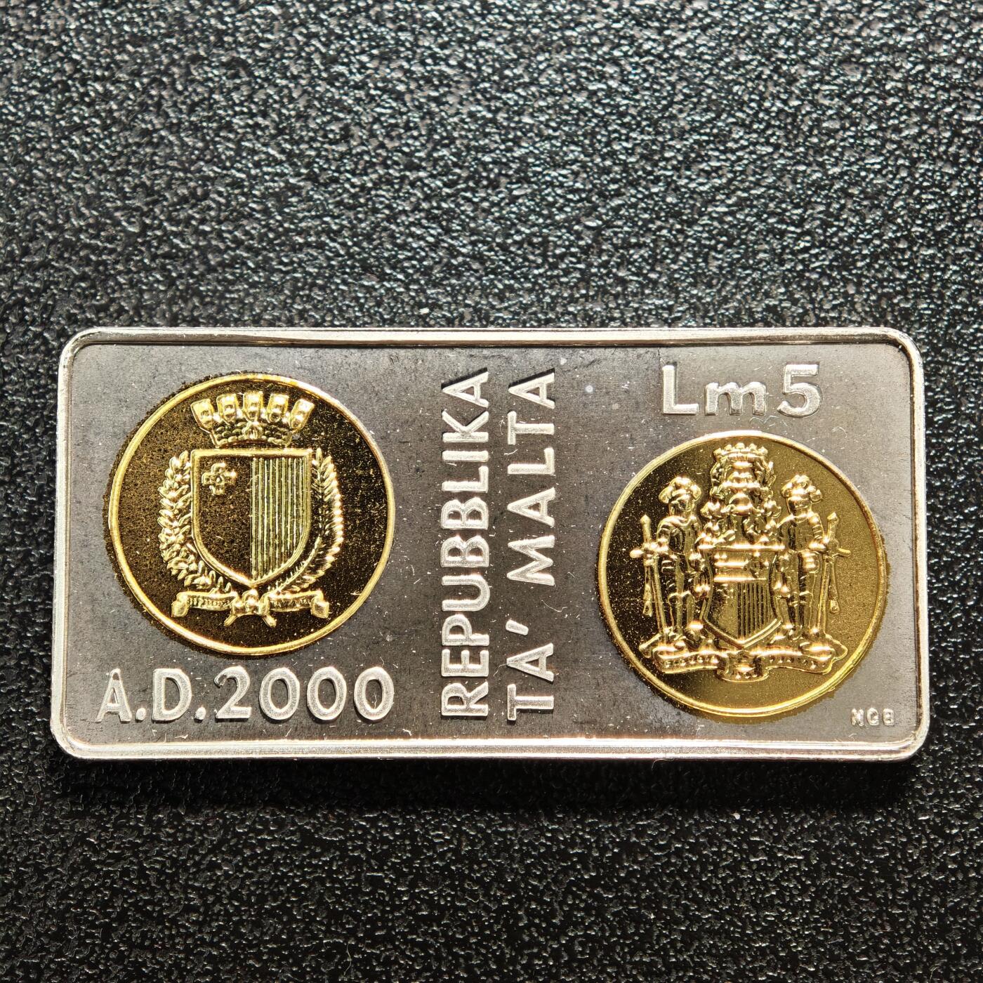 【德藏】世界币章拍卖第167期（拍品征集中~欢迎藏友联系） 2000年 马耳他千禧年5里拉矩形纪念银币 925银 直径约：40mm×20mm；重约：15.2g