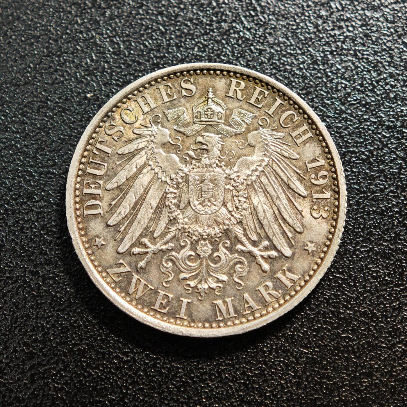 【德藏】世界币章拍卖第167期（拍品征集中~欢迎藏友联系） 1913年 德国普鲁士威廉二世军装2马克银币 直径约：28mm；重约：11.1g