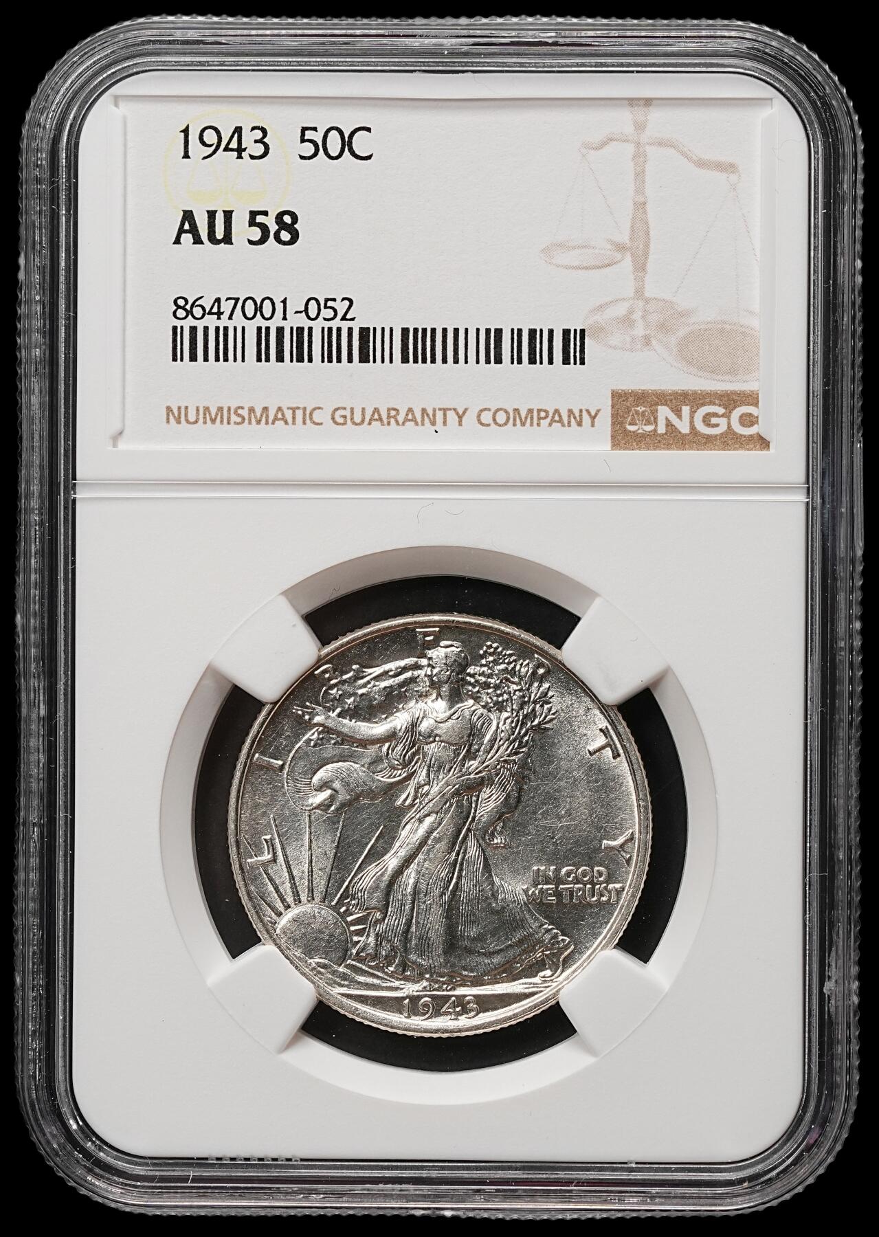 修遠堂世界钱币第106期，请看参拍说明 NGC AU58 1943年美国50美分银币，行走的女神